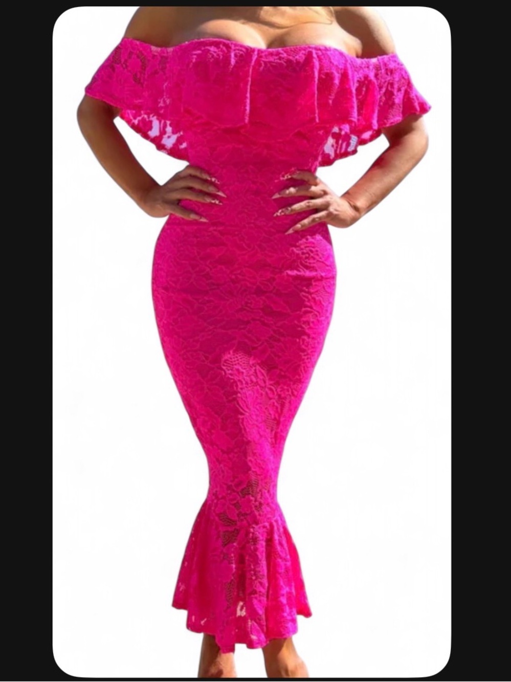 Off-Shoulder Fuchsia Lace Mermaid Dress